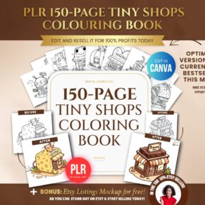 150-Page Tiny Shops Coloring Book PLR | Fully Editable Canva Template with Resell Rights